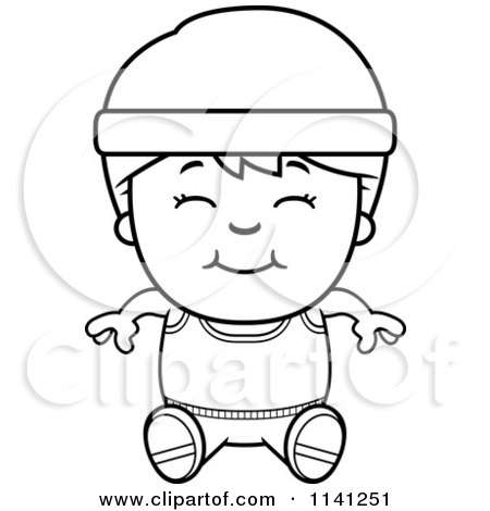 Cartoon Clipart Of A Black And White Happy Fitness Gym Boy Sitting - Vector Outlined Coloring Page by Cory Thoman