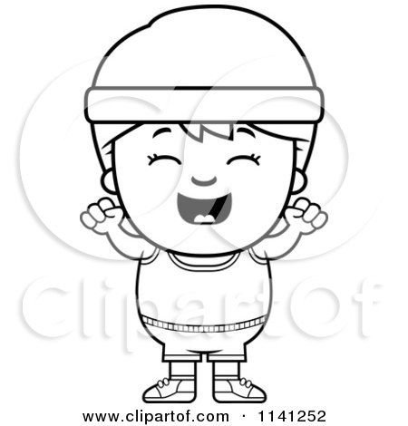 Cartoon Clipart Of A Black And White Happy Fitness Gym Boy Cheering - Vector Outlined Coloring Page by Cory Thoman