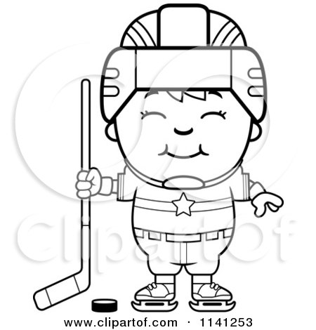 Cartoon Clipart Of A Black And White Happy Hockey Boy - Vector Outlined Coloring Page by Cory Thoman