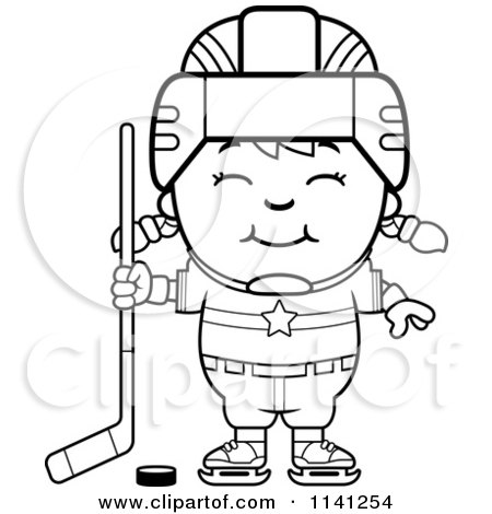 Cartoon Clipart Of A Black And White Happy Hockey Girl - Vector Outlined Coloring Page by Cory Thoman