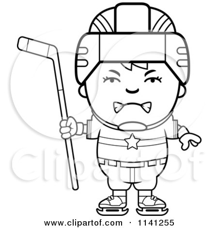 Cartoon Clipart Of A Black And White Angry Hockey Boy - Vector Outlined Coloring Page by Cory Thoman