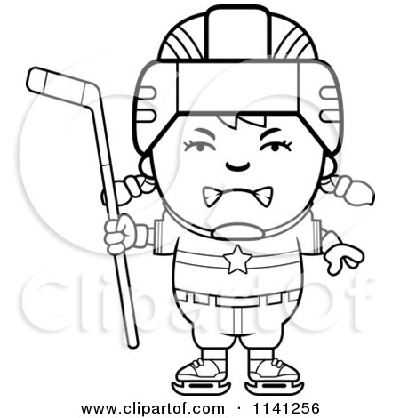 Cartoon Clipart Of A Black And White Angry Hockey Girl - Vector Outlined Coloring Page by Cory Thoman