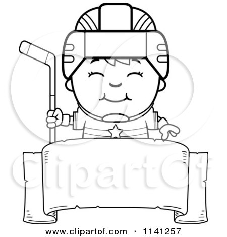 Cartoon Clipart Of A Black And White Happy Hockey Boy Over A Banner Sign - Vector Outlined Coloring Page by Cory Thoman