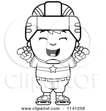 Cartoon Clipart Of A Black And White Happy Hockey Girl Cheering - Vector Outlined Coloring Page by Cory Thoman