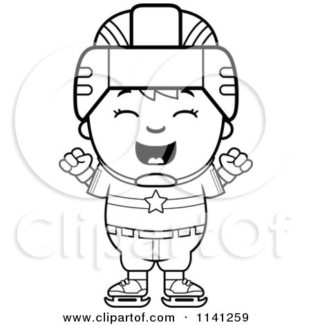 Cartoon Clipart Of A Black And White Happy Hockey Boy Cheering - Vector Outlined Coloring Page by Cory Thoman