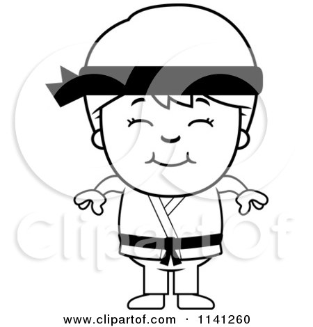 Cartoon Clipart Of A Black And White Happy Martial Arts Karate Boy - Vector Outlined Coloring Page by Cory Thoman