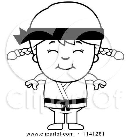 Cartoon Clipart Of A Black And White Happy Martial Arts Karate Girl - Vector Outlined Coloring Page by Cory Thoman
