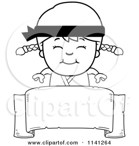 Cartoon Clipart Of A Black And White Happy Martial Arts Karate Girl Over A Banner Sign - Vector Outlined Coloring Page by Cory Thoman