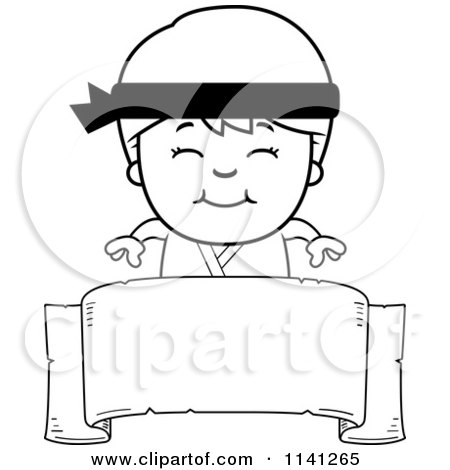 Cartoon Clipart Of A Black And White Happy Martial Arts Karate Boy Over A Banner Sign - Vector Outlined Coloring Page by Cory Thoman