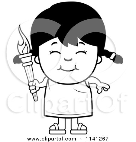 Cartoon Clipart Of A Black And White Happy Girl Holding An Olympic Torch - Vector Outlined Coloring Page by Cory Thoman