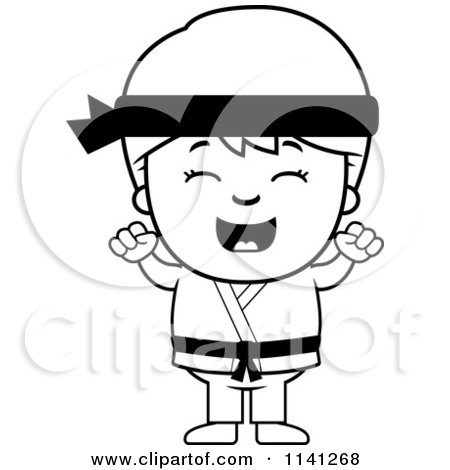 Cartoon Clipart Of A Black And White Happy Martial Arts Karate Boy Cheering - Vector Outlined Coloring Page by Cory Thoman