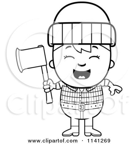 Cartoon Clipart Of A Black And White Happy Lumberjack Boy Holding An Axe - Vector Outlined Coloring Page by Cory Thoman