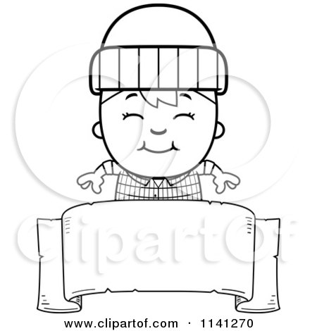 Cartoon Clipart Of A Black And White Happy Lumberjack Boy Over A Banner Sign - Vector Outlined Coloring Page by Cory Thoman