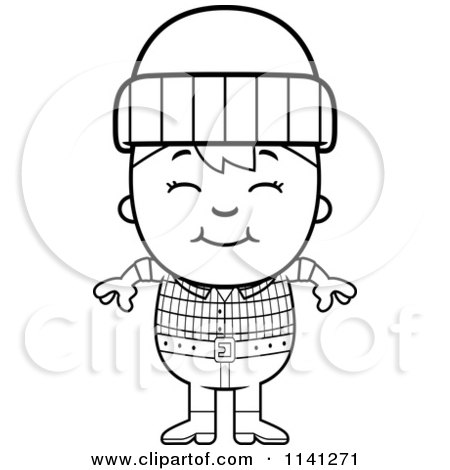 Cartoon Clipart Of A Black And White Happy Lumberjack Boy - Vector Outlined Coloring Page by Cory Thoman