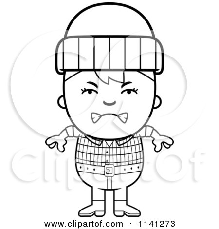 Cartoon Clipart Of A Black And White Angry Lumberjack Boy - Vector Outlined Coloring Page by Cory Thoman