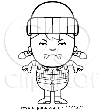 Cartoon Clipart Of A Black And White Angry Lumberjack Girl - Vector Outlined Coloring Page by Cory Thoman
