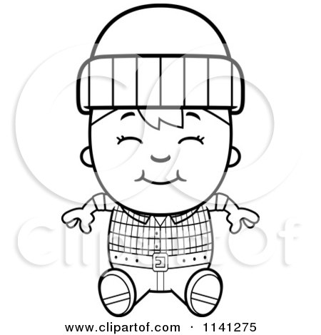 Cartoon Clipart Of A Black And White Happy Lumberjack Boy Sitting - Vector Outlined Coloring Page by Cory Thoman
