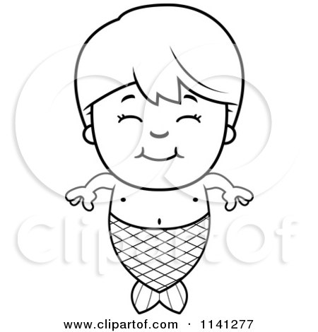 Cartoon Clipart Of A Black And White Happy Mermaid Boy - Vector Outlined Coloring Page by Cory Thoman