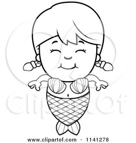 Cartoon Clipart Of A Black And White Happy Mermaid Girl - Vector Outlined Coloring Page by Cory Thoman