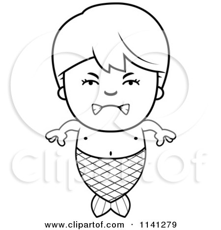 Cartoon Clipart Of A Black And White Angry Mermaid Boy - Vector Outlined Coloring Page by Cory Thoman