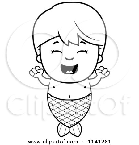 Cartoon Clipart Of A Black And White Happy Mermaid Boy Cheering - Vector Outlined Coloring Page by Cory Thoman