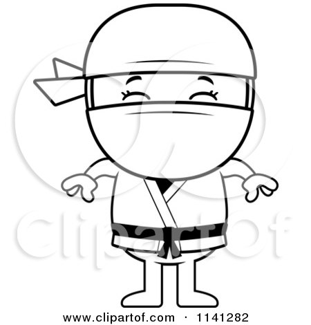 Cartoon Clipart Of A Black And White Happy Ninja Boy - Vector Outlined Coloring Page by Cory Thoman