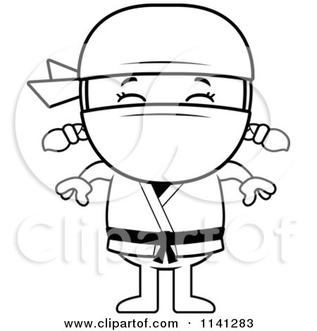 Cartoon Clipart Of A Black And White Happy Ninja Girl - Vector Outlined Coloring Page by Cory Thoman