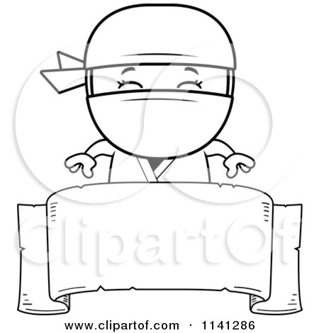 Cartoon Clipart Of A Black And White Happy Ninja Boy Over A Banner Sign - Vector Outlined Coloring Page by Cory Thoman