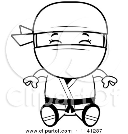 Cartoon Clipart Of A Black And White Happy Ninja Boy Sitting - Vector Outlined Coloring Page by Cory Thoman