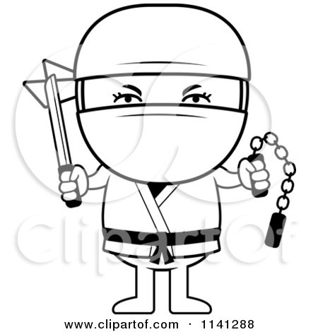 Cartoon Clipart Of A Black And White Ninja Boy With Weapons - Vector Outlined Coloring Page by Cory Thoman