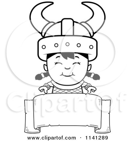 Cartoon Clipart Of A Black And White Happy Ogre Viking Girl Over A Banner Sign - Vector Outlined Coloring Page by Cory Thoman