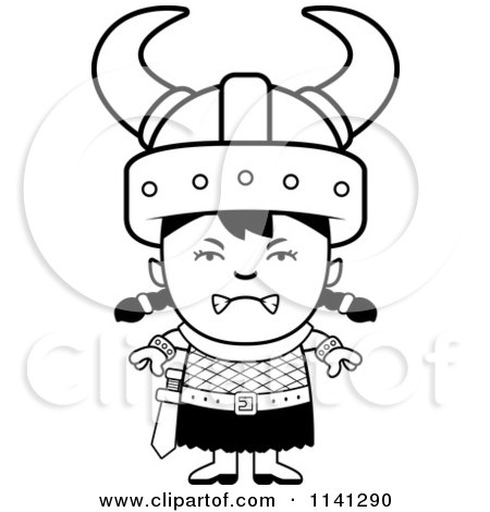 Cartoon Clipart Of A Black And White Angry Ogre Viking Girl - Vector Outlined Coloring Page by Cory Thoman