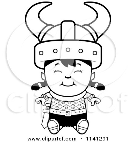 Cartoon Clipart Of A Black And White Happy Ogre Viking Girl Sitting - Vector Outlined Coloring Page by Cory Thoman