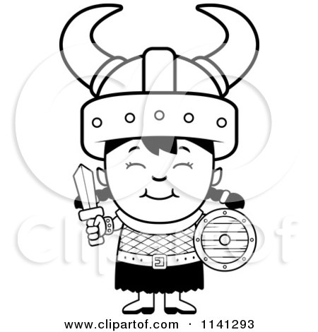 Cartoon Clipart Of A Black And White Happy Ogre Viking Girl With A Sword And Shield - Vector Outlined Coloring Page by Cory Thoman