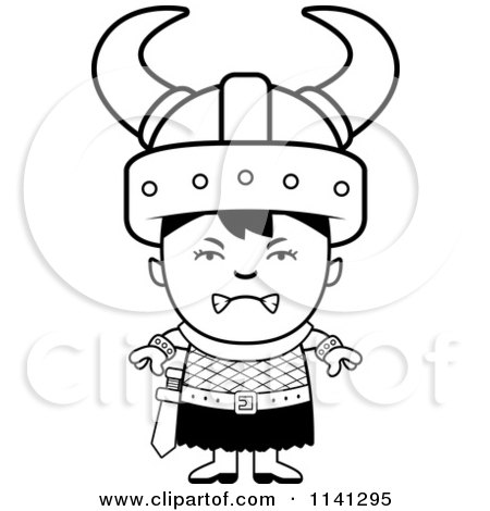 Cartoon Clipart Of A Black And White Angry Ogre Viking Boy - Vector Outlined Coloring Page by Cory Thoman