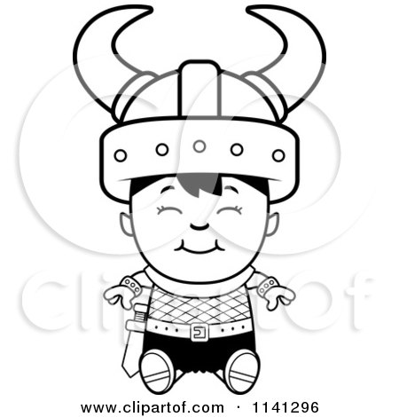 Cartoon Clipart Of A Black And White Happy Ogre Viking Boy Sitting - Vector Outlined Coloring Page by Cory Thoman