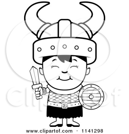 Cartoon Clipart Of A Black And White Happy Ogre Viking Boy With A Sword And Shield - Vector Outlined Coloring Page by Cory Thoman