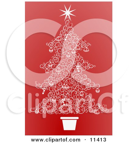 Christmas Tree Made of White Swirls Over Red Clipart Illustration by AtStockIllustration