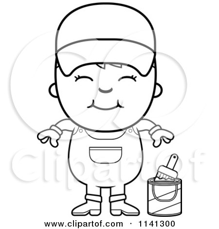 Cartoon Clipart Of A Black And White Happy Painter Boy - Vector Outlined Coloring Page by Cory Thoman