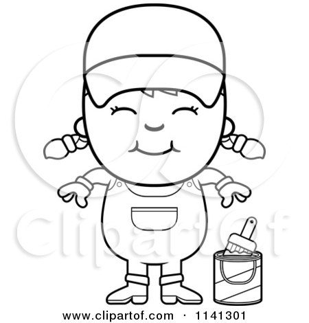 Cartoon Clipart Of A Black And White Happy Painter Girl - Vector Outlined Coloring Page by Cory Thoman