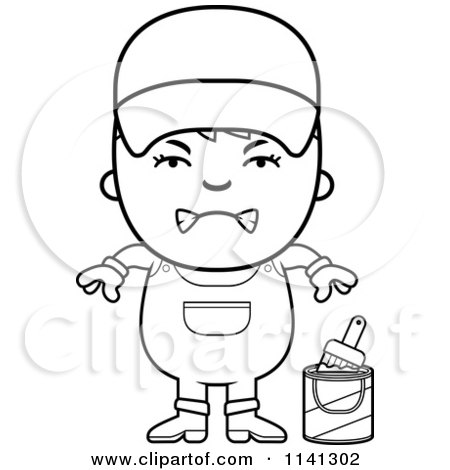 Cartoon Clipart Of A Black And White Angry Painter Boy - Vector Outlined Coloring Page by Cory Thoman