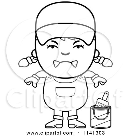 Cartoon Clipart Of A Black And White Angry Painter Girl - Vector Outlined Coloring Page by Cory Thoman