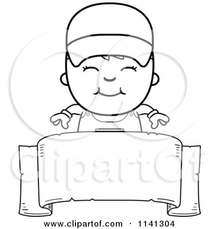 Cartoon Clipart Of A Black And White Happy Painter Boy Over A Sign - Vector Outlined Coloring Page by Cory Thoman