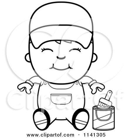 Cartoon Clipart Of A Black And White Happy Painter Boy Sitting - Vector Outlined Coloring Page by Cory Thoman