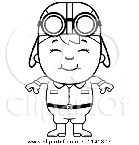 Cartoon Clipart Of A Black And White Happy Aviator Pilot Boy - Vector Outlined Coloring Page by Cory Thoman