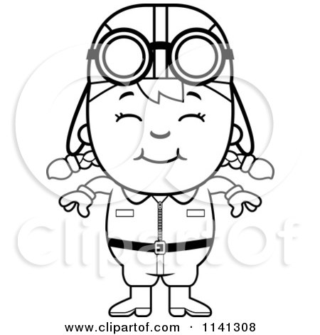 Cartoon Clipart Of A Black And White Happy Aviator Pilot Girl - Vector Outlined Coloring Page by Cory Thoman