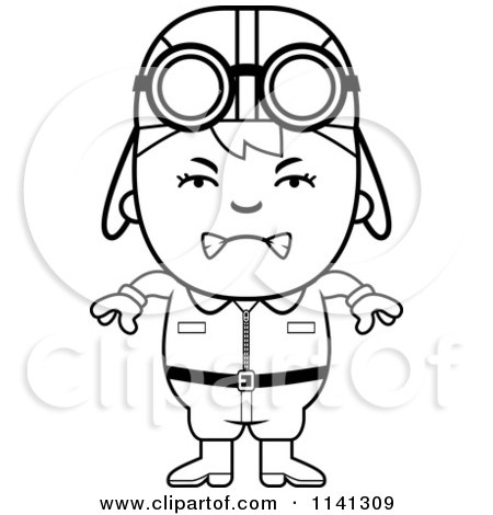 Cartoon Clipart Of A Black And White Angry Aviator Pilot Boy - Vector Outlined Coloring Page by Cory Thoman