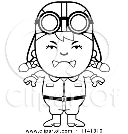 Cartoon Clipart Of A Black And White Angry Aviator Pilot Girl - Vector Outlined Coloring Page by Cory Thoman