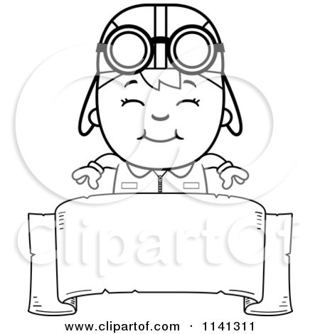 Cartoon Clipart Of A Black And White Happy Aviator Pilot Boy Over A Sign - Vector Outlined Coloring Page by Cory Thoman