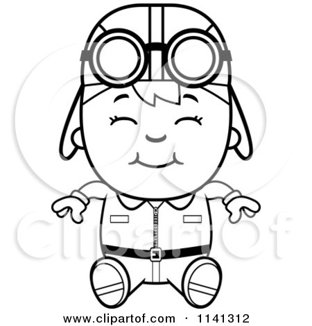 Cartoon Clipart Of A Black And White Happy Aviator Pilot Boy Sitting - Vector Outlined Coloring Page by Cory Thoman